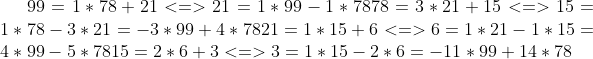 Formel: 99 = 1 * 78 + 21 <=> 21 = 1 * 99 - 1 * 78
78 = 3 * 21 + 15 <=> 15 = 1 * 78 - 3 * 21 = -3 * 99 + 4 * 78
21 = 1 * 15 + 6 <=> 6 = 1 * 21 - 1 * 15 = 4 * 99 - 5 * 78
15 = 2 * 6 + 3 <=> 3 = 1 * 15 - 2 * 6 = -11 * 99 + 14 * 78